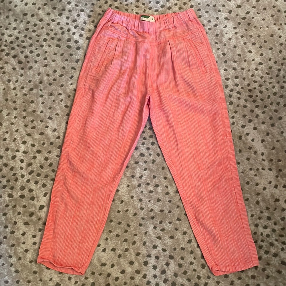 Anthropologie 100% Linen Pink Corral Stripe Beach Pants Small
